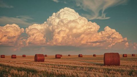 Idyllic wheat field with hay bales under dramatic sunset clouds