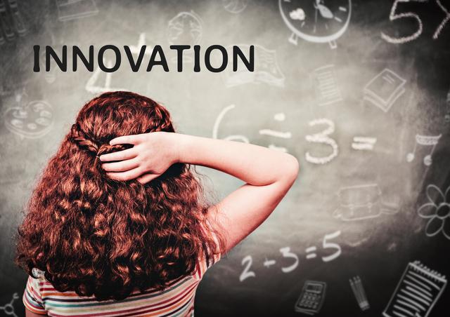 Back view of a girl with curly hair pondering innovation concepts against a chalkboard filled with mathematical notations. Ideal for educational content, innovation-focused articles, learning materials, and conceptual imagery related to creativity and problem-solving in mathematics.