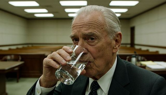 Elderly man drinking water in courtroom during trial hearing wearing formal suit