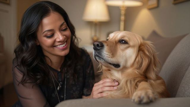 Smiling woman petting golden retriever in cozy living room