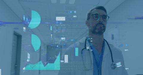 Doctor Walking with Financial Data Overlay in Hospital Concept - Download Free Stock Images Pikwizard.com