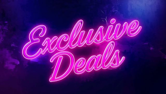 Glowing pink neon exclusive deals sign retro script textured purple background
