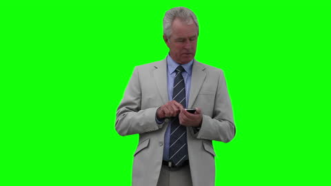 Businessman Using Smartphone Against Green Key Background for Easy Editing