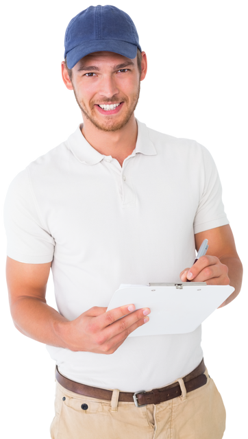 Transparent happy delivery man wearing cap holding clipboard smiling - Download Free Stock Videos Pikwizard.com