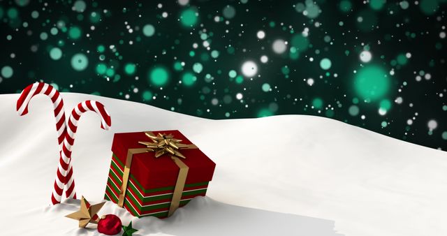 Christmas Candy Canes and Gift Box on Snowy Background with Green Lights - Download Free Stock Images Pikwizard.com