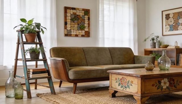 Olive green midcentury sofa with hand-painted coffee chest, ladder plant stand, sunlit living space