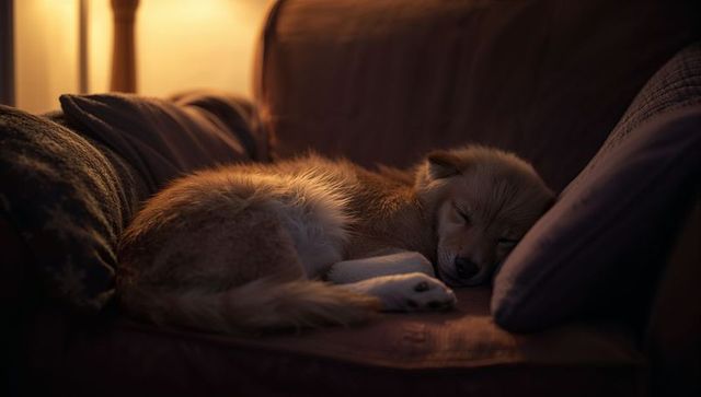 Fluffy tan-white puppy sleeping on brown sofa with amber lamp glow and plush pillows, cozy evening