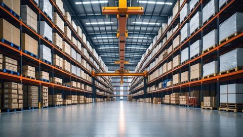 Central Warehouse Aisle with Overhead Crane in Logistics Facility - Download Free Stock Images Pikwizard.com