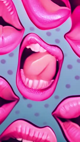Vibrant Animated Pink Lips Revealing Tongue on Teal Polka-Dot Backdrop Vertical Loop Video