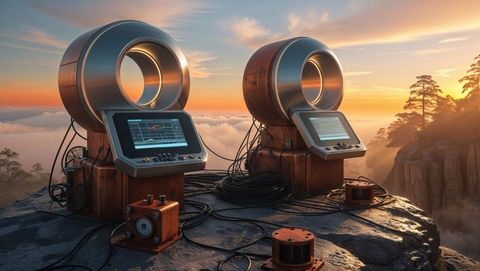 Futuristic ring emitters on cliff at sunrise, seismograph concept