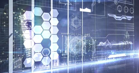 Futuristic Digital Interface with Hexagons and Cityscape - Download Free Stock Images Pikwizard.com
