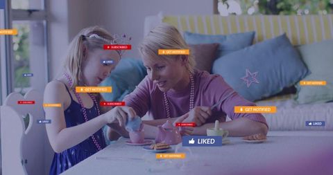 Mother and daughter playing pretend tea party with social media notification overlays