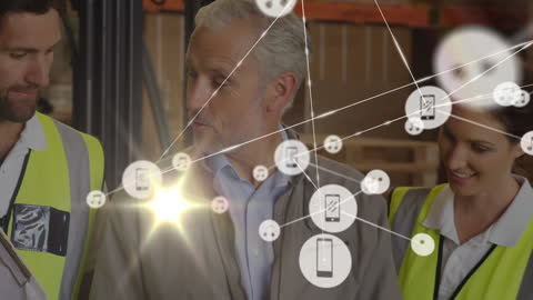 Warehouse Team Collaborating with Digital Network Overlay
