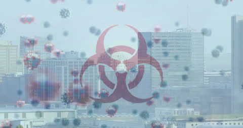 Biohazard Symbol and Virus Cells Over Modern Cityscape
