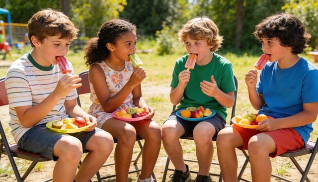 Kids enjoying popsicles and fresh fruit plates while sitting together in sunny park