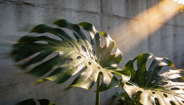 Monstera deliciosa leaf closeup with dew droplets and golden sunbeam on concrete wall