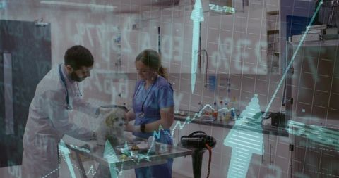 Veterinary team examining small dog on clinic table with data visualization overlay
