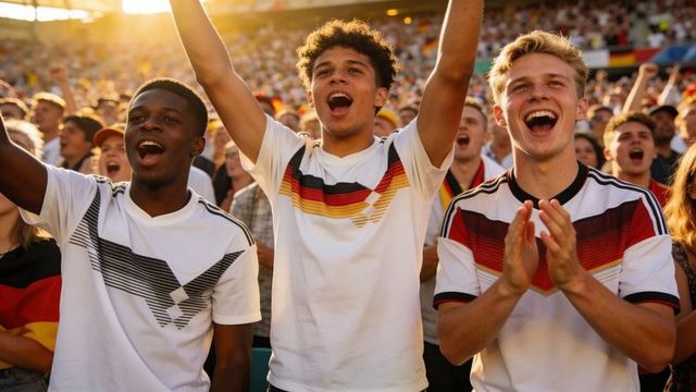 Fans cheering in stadium wearing german jerseys celebrating goal with arms raised