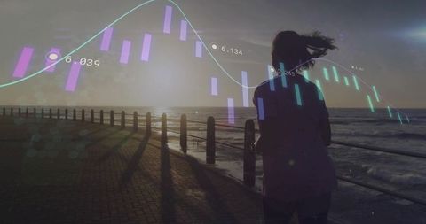 Silhouette woman on seaside promenade at sunset with overlaid candlestick market charts