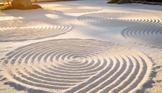 Casting Golden Hour Light on Raked Zen Sand Spirals, Highlighting Minimal Rock Garden Texture