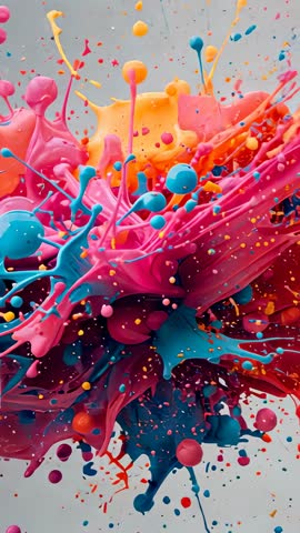 Bursting multicolored paint explosion forming filaments and droplets in vertical studio video