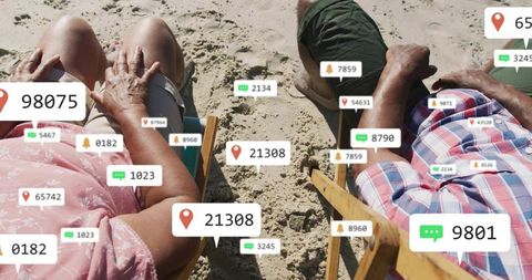 Couple relaxing on beach chairs with augmented reality social overlays