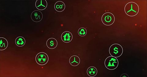 Neon green energy icons floating over maroon gradient representing sustainability and power