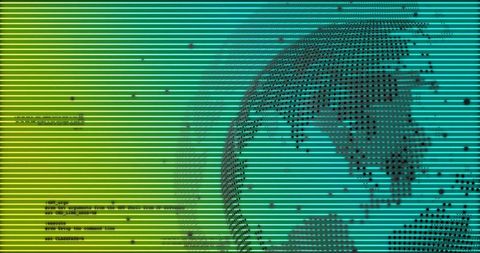 Rotating Digital Globe with Gradient Scanlines and Code Overlay