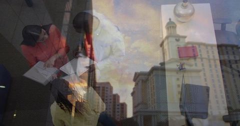 Modern team collaboration overlaid with urban skyline double exposure corporate branding