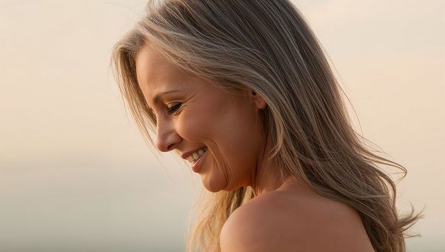 Sunlit mature woman smiling in profile at seaside during golden hour, relaxed portrait
