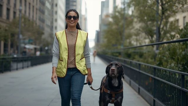 Confident woman navigating city with guide dog and reflective vest
