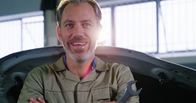 Confident Mechanic Smiling While Holding Wrench - Download Free Stock Images Pikwizard.com