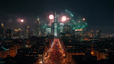 Aerial Cityscape with Spectacular Firework Display Over Skyscrapers