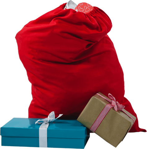Christmas gifts in transparent santa sack filled with boxes