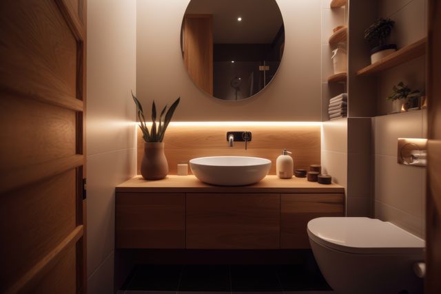 Modern bathroom with mirror and lights, created using generative ai technology. Global technology and computer chip concept digitally generated image.