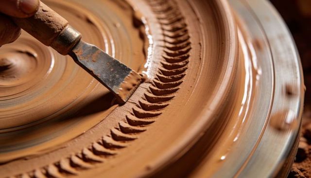 Trimming clay rim on potter's wheel with metal tool closeup showing serrated texture
