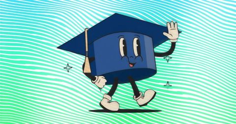 Waving mortarboard cartoon character walking on teal striped background celebrating success