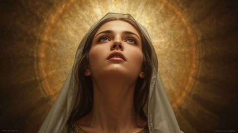 Gazing the virgin mary woman with golden halo exudes elegance and spirituality