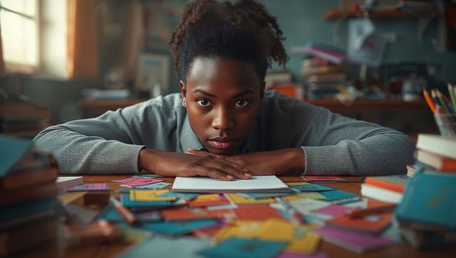 Focused student studying with flashcards in classroom