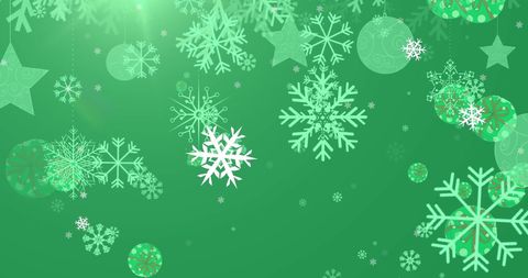 Festive Snowflakes and Baubles on Green Background