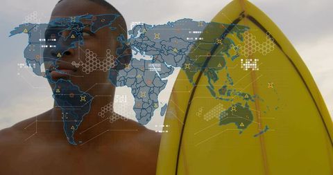 Standing black surfer with yellow longboard and global data overlay showing map analytics
