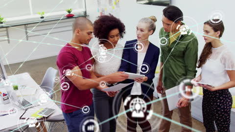 Diverse Team Collaborating in Modern Office with Digital Interface