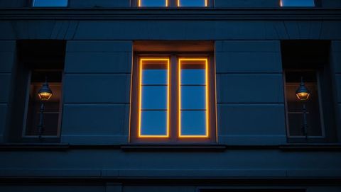 Neon-illuminated urban window with dusk architectural ambiance