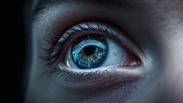 Futuristic blue iris reflecting hud rings and holographic data, cybernetic eye closeup