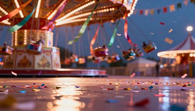 Spinning swing carousel at dusk with colorful streamers and confetti on wet pavement