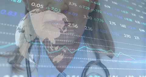 Senior Female Doctor Analyzing Financial Data with Global Focus