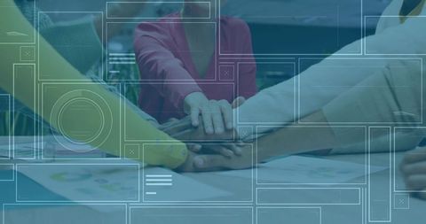 Diverse team collaboration with tech overlay on conference table