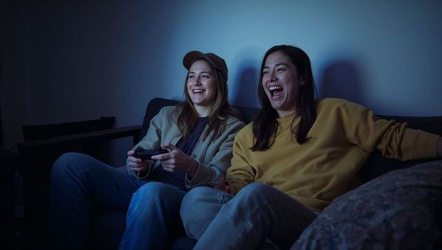 Young friends laughing while playing video games on cozy sofa glowing with blue screen light