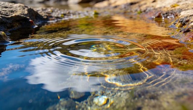Concentric Ripples in Sunlit Tidepool with Colorful Caustics on Rocky Shore