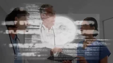 Doctors Analyzing Holographic Brain Model with Futuristic Technology